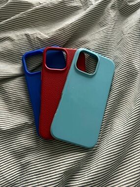 Silicone & Leather-Texture iPhone Pro Max Case - light blue, red, cobalt blue